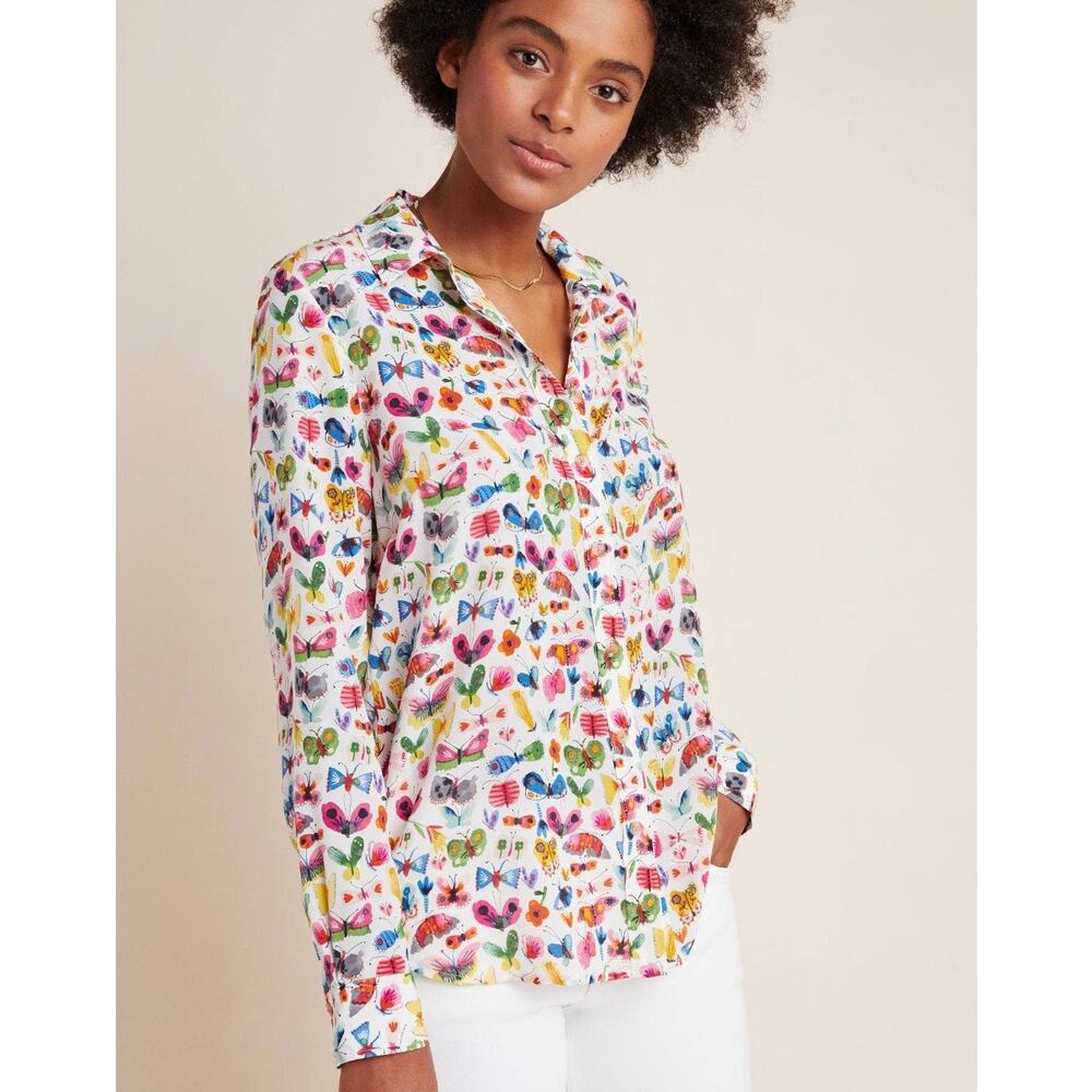 Anthropologie x Carolyn Gavin Mariposa Silk Blouse Sz 6 Butterfly Eclectic Boho